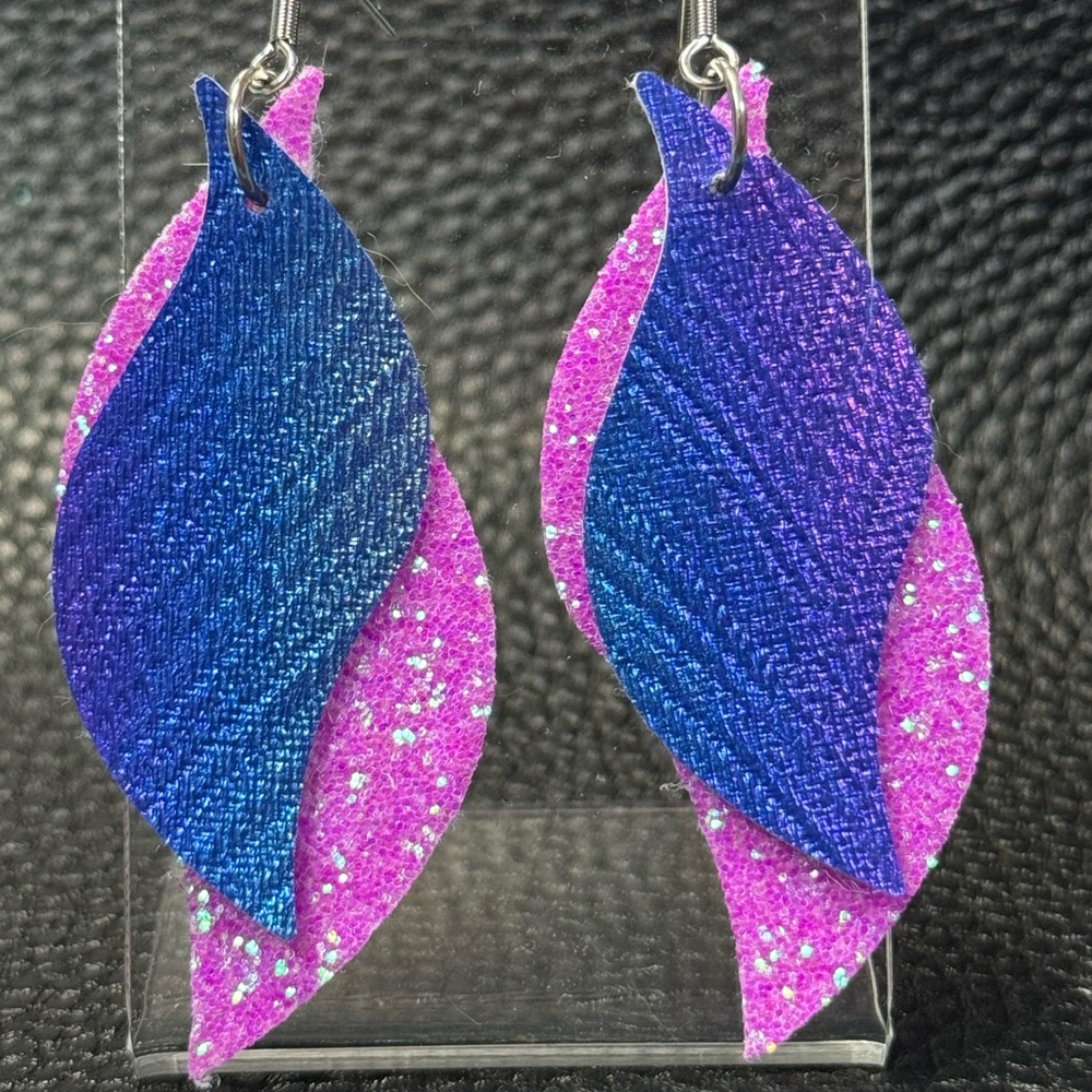 Handmade multi chrome and glitter faux leather earrings